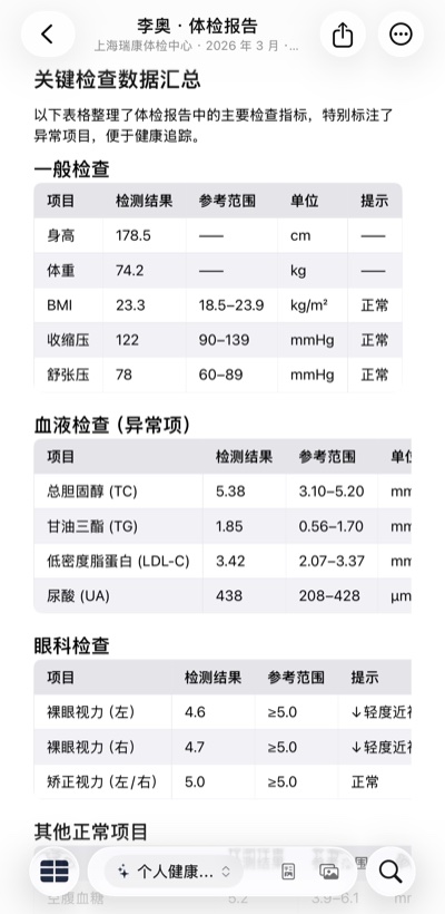体检报告结构化表格 — 自动提取关键检查指标